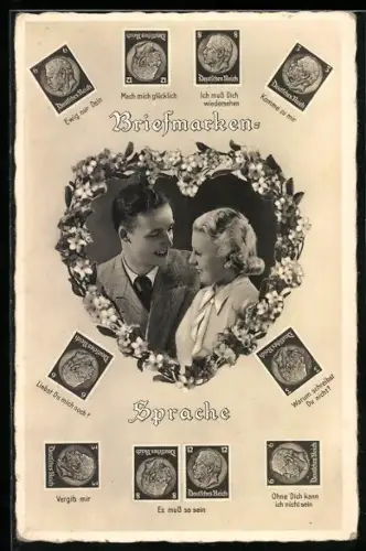 AK Briefmarkensprache für Verliebte, Paar im blumigen Herz, Ewig nur Dein
