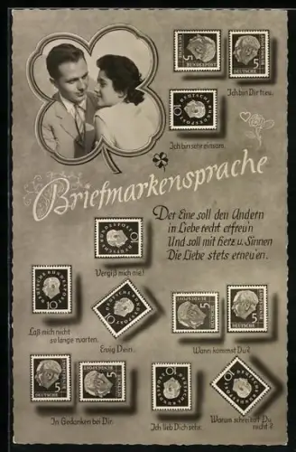 AK Erklärung der Briefmarkensprache, Liebespaar im Kleeblatt