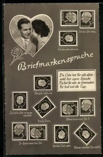 AK Briefmarkensprache, Rosenstrauss im Herz