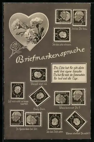 AK Erklärung der Briefmarkensprache, Blumen mit Blattgrün