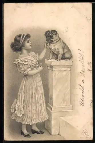 Lithographie Mädchen im Rüschenkleid streichelt einen Hund auf einer Stele