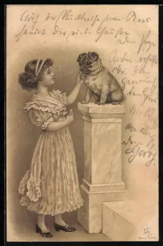 Lithographie Mädchen im Rüschenkleid streichelt einen Hund