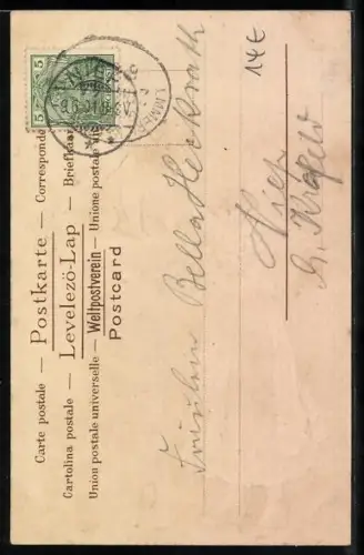 Lithographie Mädchen im Rüschenkleid streichelt einen Hund