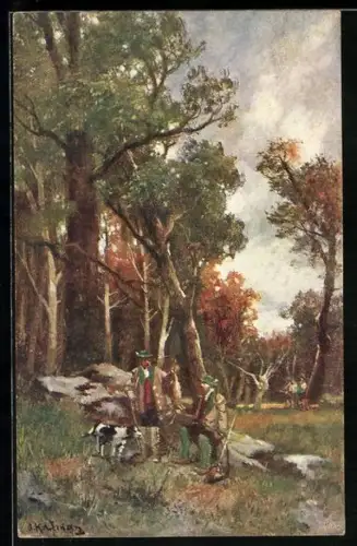 AK Jagd, Zwei Jäger mit Hund im Wald