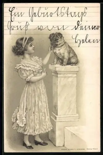 Lithographie Mädchen im Rüschenkleid streichelt einen Hund
