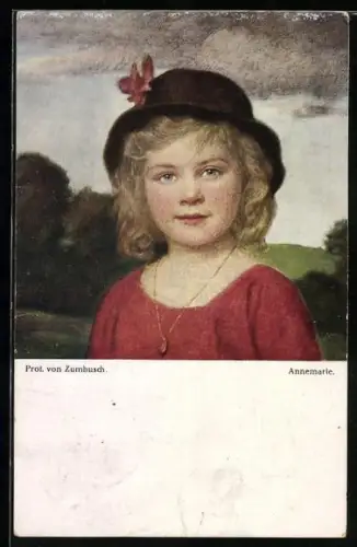 Künstler-AK Ludwig von Zumbusch: Annemarie, blondes Mädchen im roten Kleid mit Hut