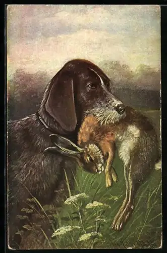 Künstler-AK August Müller - München: Jagdhund zeigt stolz seine Beute