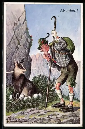 AK Bergsteiger mit einer Gämse