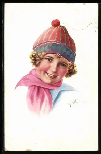 AK Junge Frau mit bunter Mütze und Schal