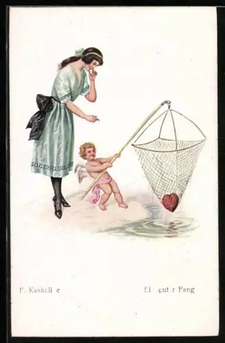 Künstler-AK Kaskeline: Amor macht einen guten Fang, Frau freut sich auf das Herz