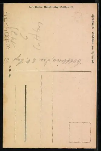 AK Spreewald, Mädchen in Tracht am Spinnrad