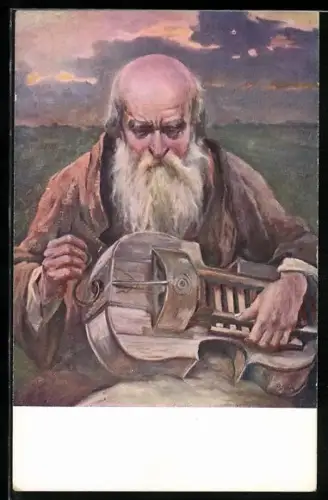 Künstler-AK Alter Mann mit einer Drehleier