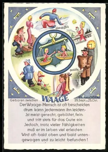 AK Sternzeichen Waage, geduldig - albern - sentimental - eindrucksfähig