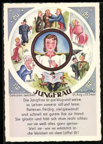 Künstler-AK Die Jungfrau ist gar klug und weise..., Sternzeichen, Horoskpo, Astrologie