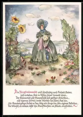 Künstler-AK Sternzeichen Jungfrau, Maid im grünen Kleid