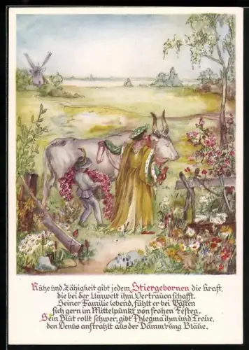 Künstler-AK Sternzeichen Stier, Frau und Junge schmücken Bullen