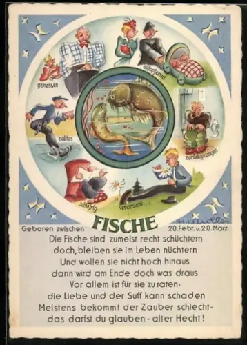 AK Sternzeichen Fische, mit Gedicht und Fischpaar