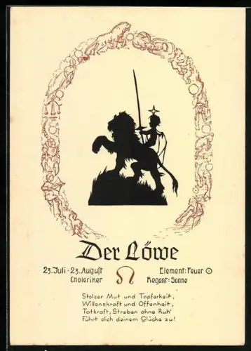 Künstler-AK Charakterisierung des Sternzeichens Löwe mit Schattenriss