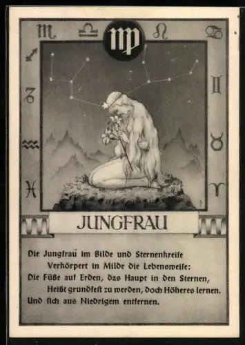 AK Sternzeichen Jungfrau, Horoskop, Frau mit weisser Lilie