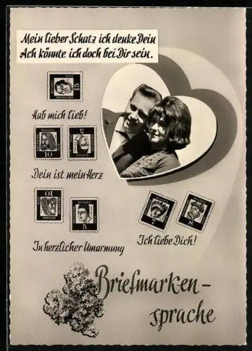 Passepartout-AK Briefmarkensprache, Hab mich lieb!, Dein ist mein Herz, In herzlicher Umarmung, Paar im Herz