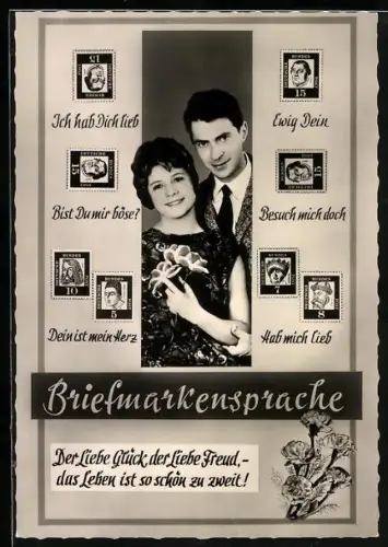 AK Briefmarkensprache -Der Liebe Glück der Liebe Freud, das Leben ist so schön zu zweit ! - Ewig Dein, Besuch mich doch