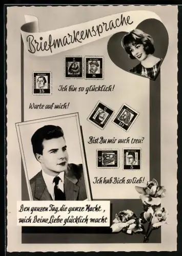 AK Erklärung der Briefmarkensprache, verliebtes Paar