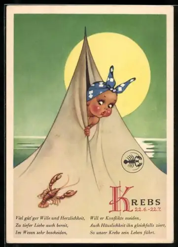 AK Sternzeichen Krebs, Mädchen schaut aus Zelt auf einen Krebs