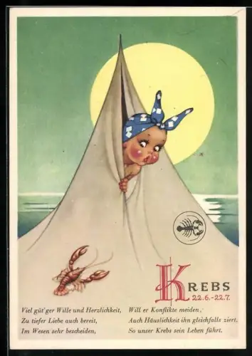 AK Sternzeichen Krebs, Mädchen schaut aus Zelt auf einen Krebs