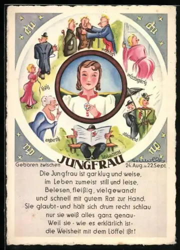 Künstler-AK Die Jungfrau ist gar klug und weise..., Sternzeichen, Horoskpo, Astrologie