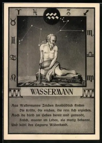 AK Sternzeichen Wassermann, Mann mit Wasserkrug auf einem Felsen