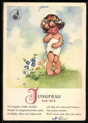 AK Sternzeichen Jungfrau, Mädchen auf einer Wiese