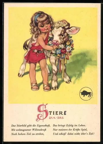 AK Stier, Mädchen mit Kalb, Sternzeichen, Horoskop, Astrologie