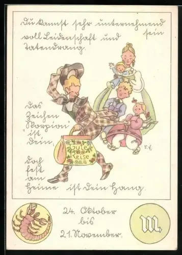 Künstler-AK Charakterisierung des Sternzeichens Skorpion, Vater beim Abschied