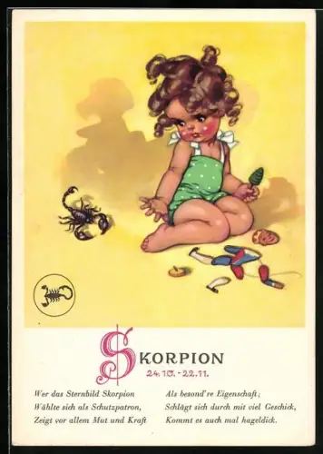 Künstler-AK Sternzeichen Skorpion, kleines Mädchen mit Skorpion am Strand, Spruch