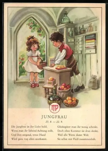 AK Sternzeichen Jungfrau, Mädchen kauft Mehl im Gemischtwarenladen