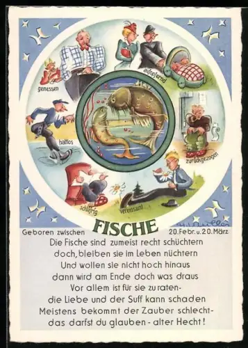 AK Sternzeichen Fische, mit Gedicht und Fischpaar