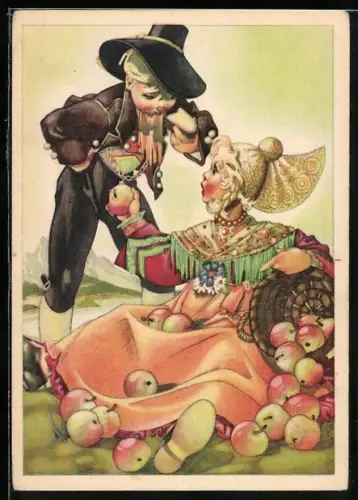 AK Oberösterreich, Mädchen in Tracht aus Oberdonau bietet ihrem Freund einen Apfel an