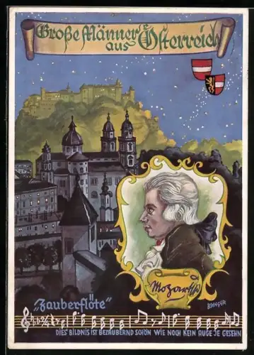 Künstler-AK Salzburg, Grosse Männer aus Österreich, Mozart, Zauberflöte