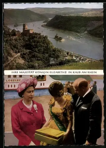 AK Kaub, Königin Elizabeth II. von England zu Besuch im Ort, Blick zum Ort