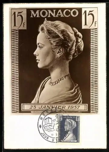 AK Portrait Schauspielerin Grace Kelly auf einer monegasischen Briefmarke