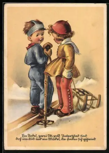 AK Kinderpaar mit Ski und Schlitten