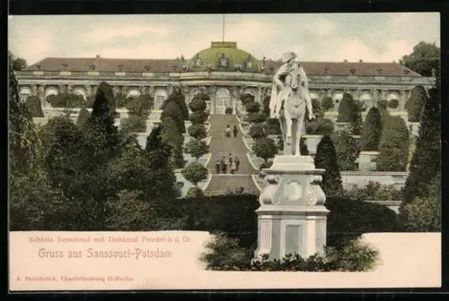 AK Potsdam, Schloss Sanssouci mit Denkmal Friedrich d. Gr.
