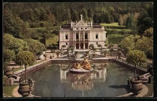 AK Schloss Linderhof mit Teich