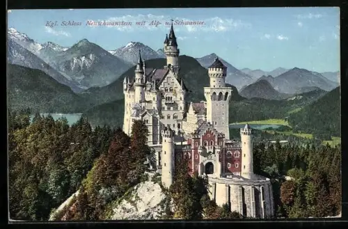 AK Königliches Schloss Neuschwanstein mit Alp- und Schwansee
