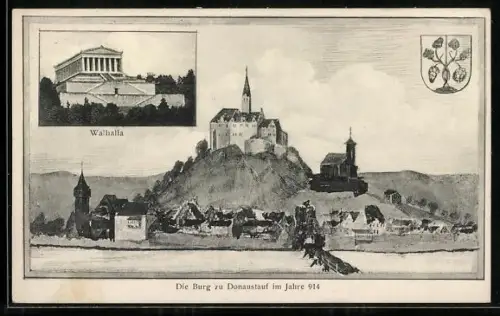 AK Donaustauf, Die Burg im Jahre 914, Walhalla, Wappen