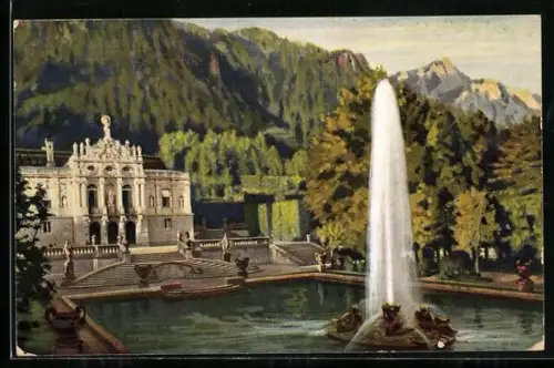 Künstler-AK Königsschloss Linderhof mit Fontäne
