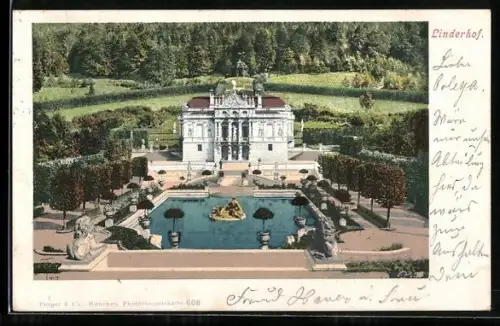 AK Schloss Linderhof mit Teich