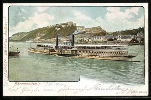 AK Koblenz, Festung Ehrenbreitstein, Dampfer auf dem Rhein