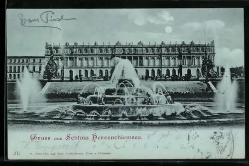 Mondschein-AK Chiemsee, Schloss Herrenchiemsee mit Brunnen
