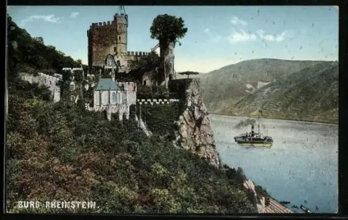 AK Rheinstein, Burg Rheinstein mit Dampfer